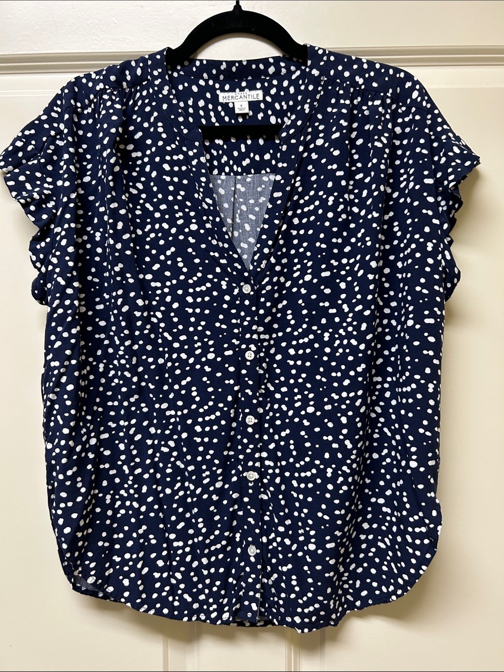 Navy White Dot Short-Sleeve Button Front Blouse